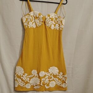 Solid Gold  Dress with White Floral Embroidery